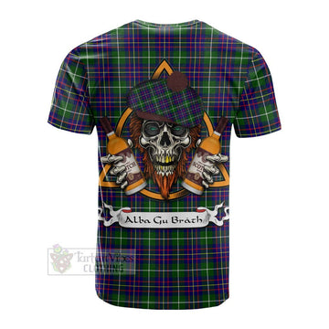Inglis Tartan Cotton T-shirt with Family Crest and Bearded Skull Holding Bottles of Whiskey