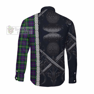 Tartan Vibes Clothing Inglis Tartan Long Sleeve Button Shirt with Family Crest Cross Sword Thistle Celtic Vibes