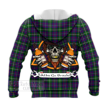 Inglis Tartan Knitted Hoodie with Family Crest and Bearded Skull Holding Bottles of Whiskey - Tartan Vibes Clothing