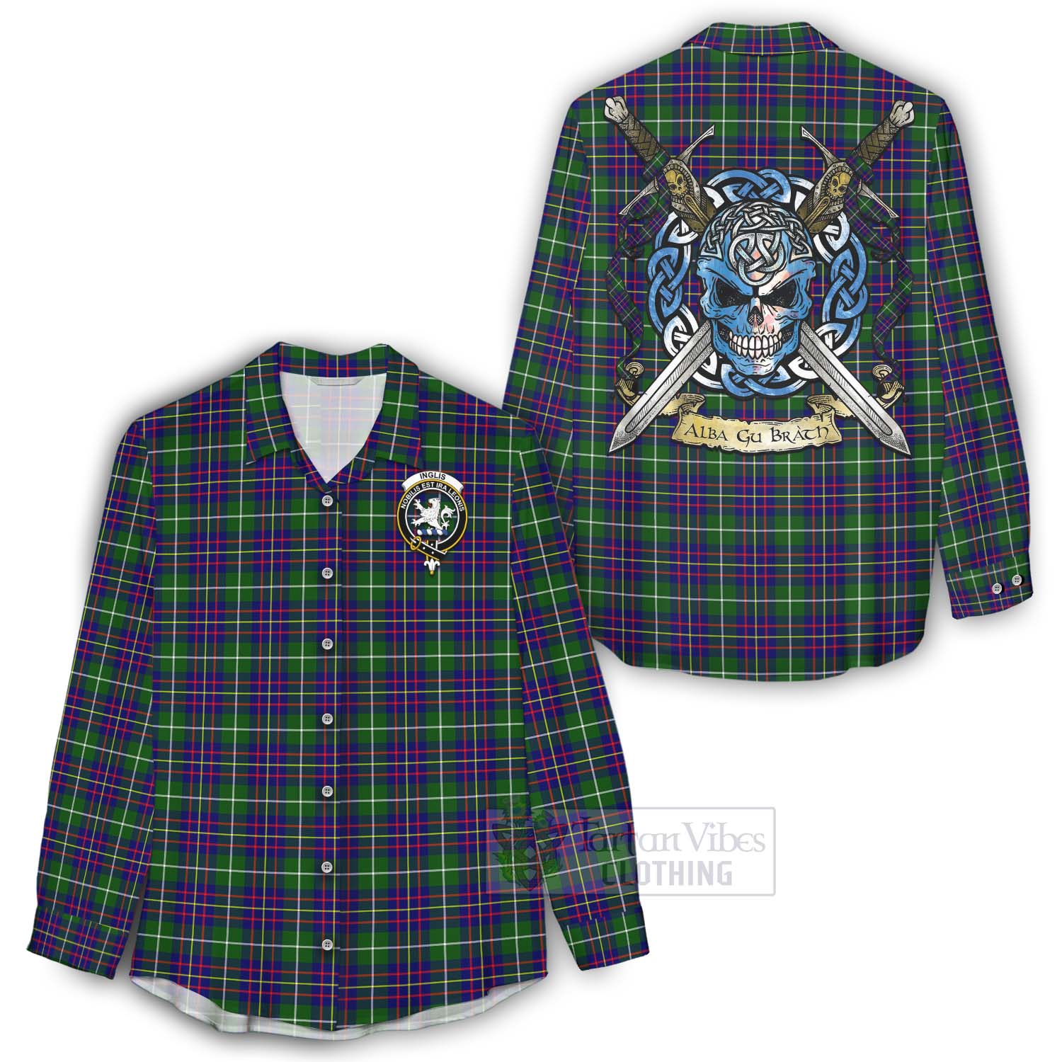 Inglis Tartan Women's Casual Shirt with Family Crest Celtic Skull Style - Tartan Vibes Clothing