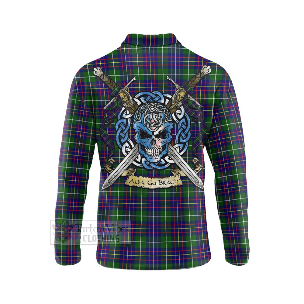 Inglis Tartan Long Sleeve Polo Shirt with Family Crest Celtic Skull Style - Tartan Vibes Clothing