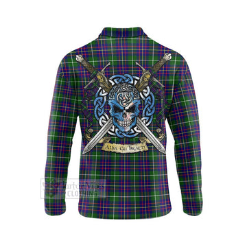 Inglis Tartan Long Sleeve Polo Shirt with Family Crest Celtic Skull Style - Tartan Vibes Clothing