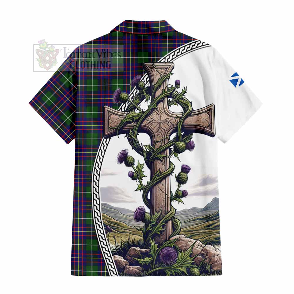 Inglis Tartan Hawaiian Shirt with Family Crest and St. Andrew's Cross Accented by Thistle Vines - Tartan Vibes Clothing