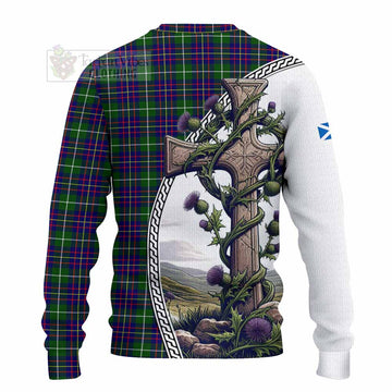 Inglis Tartan Knitted Sweater with Family Crest and St. Andrew's Cross Accented by Thistle Vines - Tartan Vibes Clothing