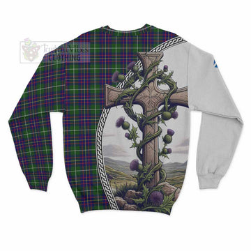 Inglis Tartan Sweatshirt with Family Crest and St. Andrew's Cross Accented by Thistle Vines - Tartan Vibes Clothing