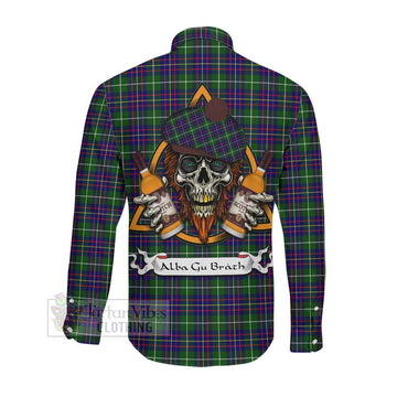Inglis Tartan Long Sleeve Button Shirt with Family Crest and Bearded Skull Holding Bottles of Whiskey Men's Shirt - Tartan Vibes Clothing