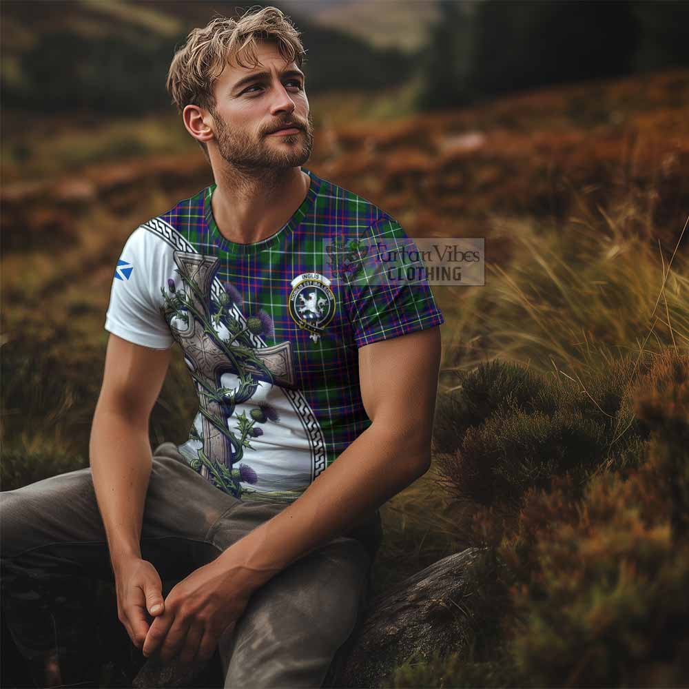 Tartan Vibes Clothing Inglis Agnew Tartan T-Shirt with Family Crest and St. Andrew's Cross Accented by Thistle Vines