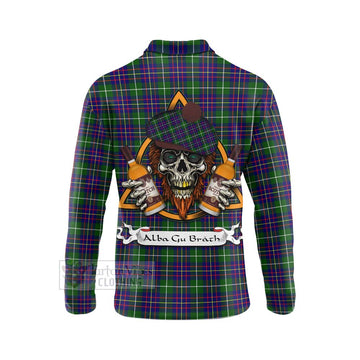 Inglis Tartan Long Sleeve Polo Shirt with Family Crest and Bearded Skull Holding Bottles of Whiskey - Tartan Vibes Clothing