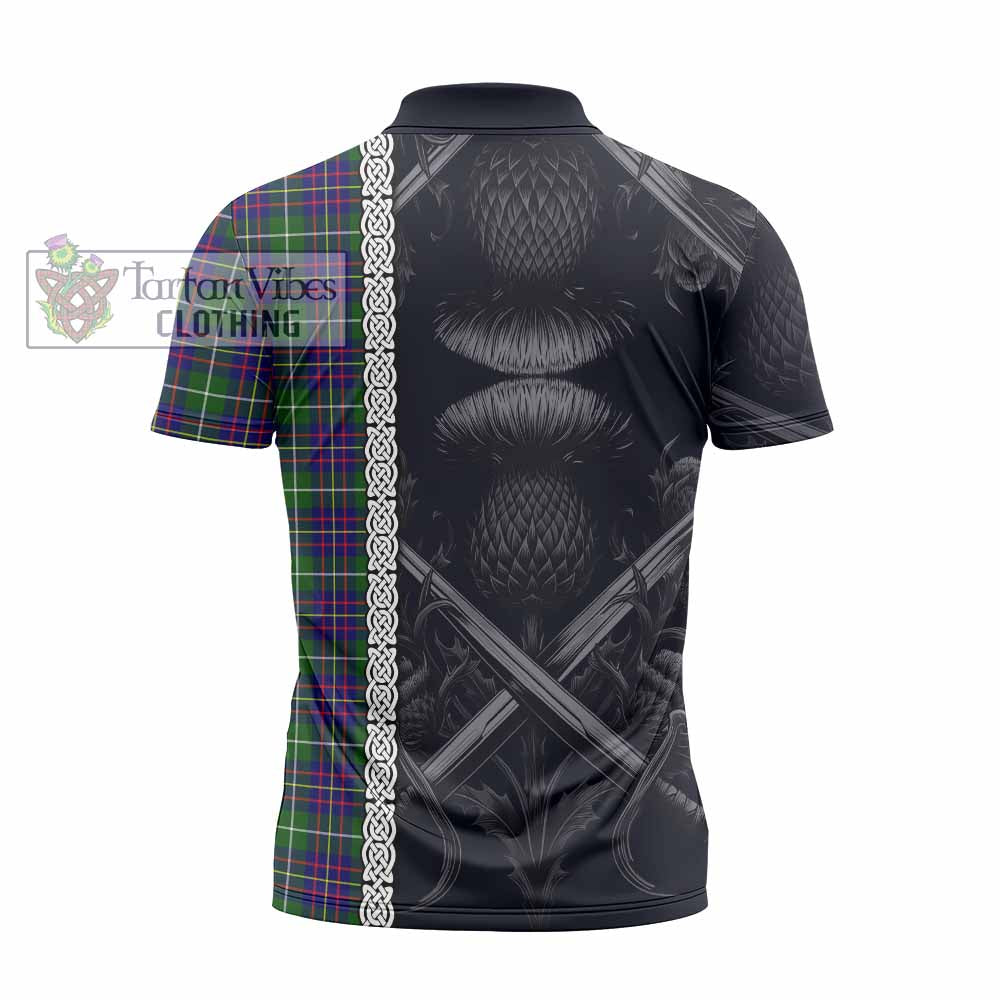 Inglis Tartan Zipper Polo Shirt with Family Crest Cross Sword Thistle Celtic Vibes - Tartan Vibes Clothing