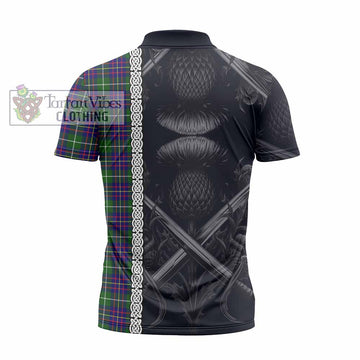 Inglis Tartan Zipper Polo Shirt with Family Crest Cross Sword Thistle Celtic Vibes - Tartan Vibes Clothing