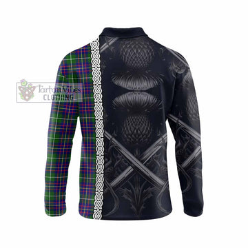 Inglis Tartan Long Sleeve Polo Shirt with Family Crest Cross Sword Thistle Celtic Vibes - Tartan Vibes Clothing