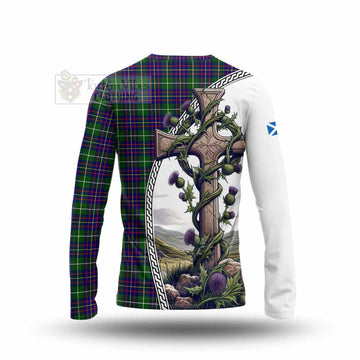 Inglis Tartan Long Sleeve T-Shirt with Family Crest and St. Andrew's Cross Accented by Thistle Vines - Tartan Vibes Clothing