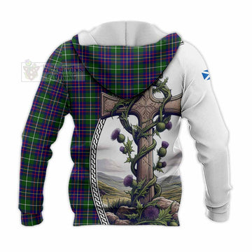 Inglis Tartan Knitted Hoodie with Family Crest and St. Andrew's Cross Accented by Thistle Vines - Tartan Vibes Clothing