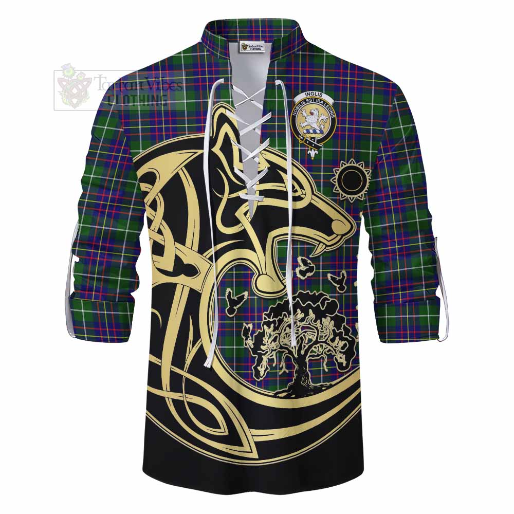 Inglis Tartan Ghillie Kilt Shirt with Family Crest Celtic Wolf Style - Tartan Vibes Clothing