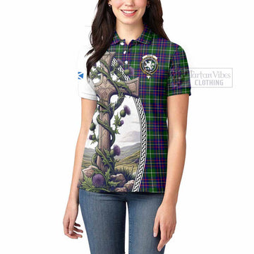 Inglis Tartan Women's Polo Shirt with Family Crest and St. Andrew's Cross Accented by Thistle Vines - Tartan Vibes Clothing