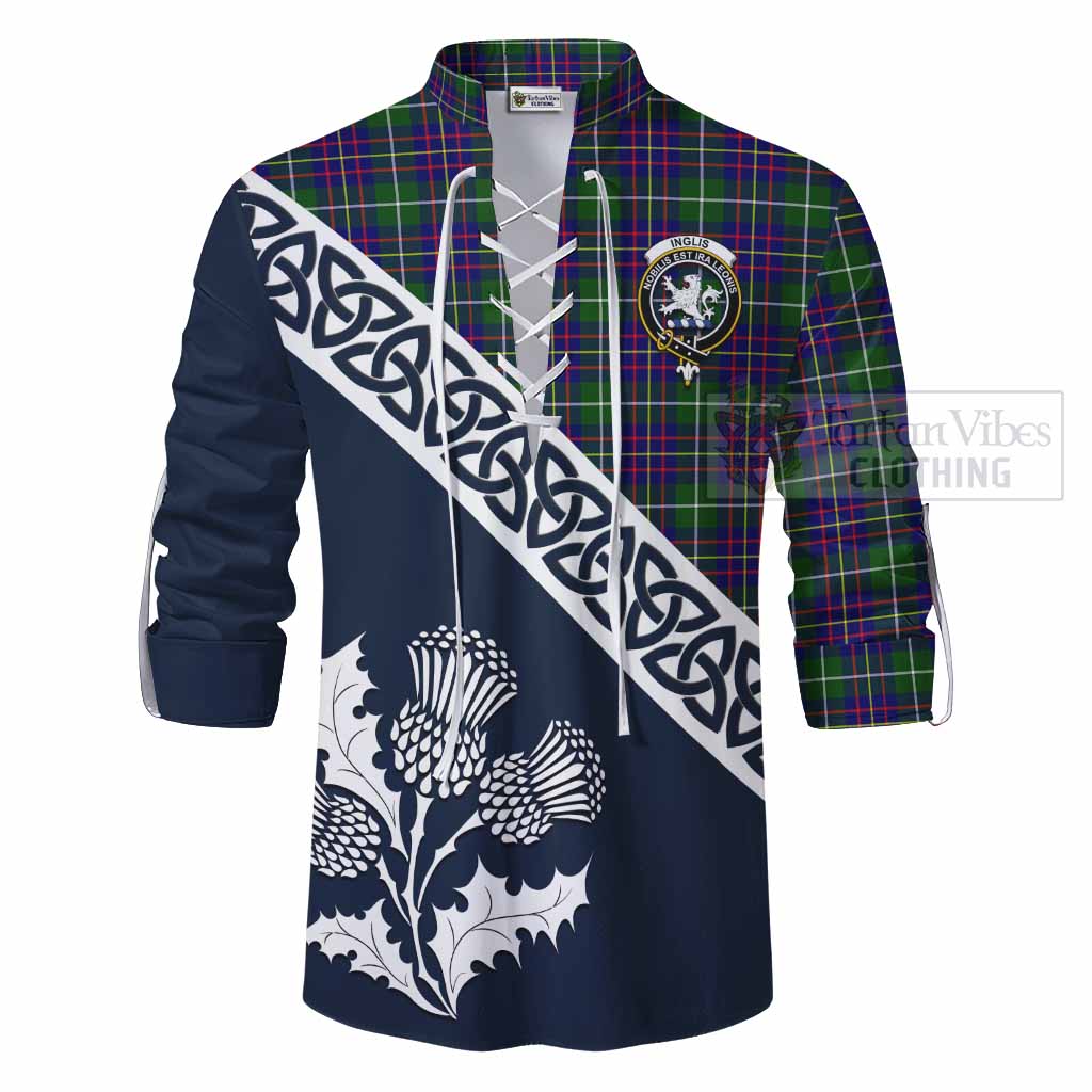 Inglis Tartan Ghillie Kilt Shirt Featuring Thistle and Scotland Map - Tartan Vibes Clothing