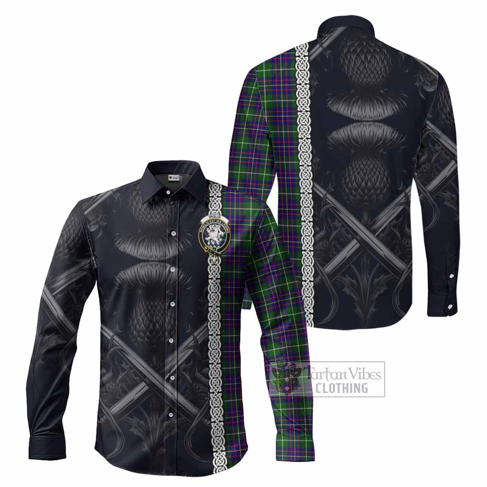 Tartan Vibes Clothing Inglis Tartan Long Sleeve Button Shirt with Family Crest Cross Sword Thistle Celtic Vibes