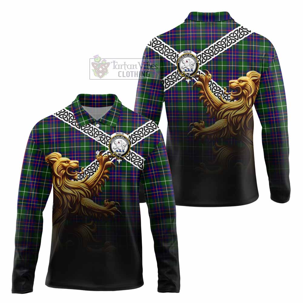 Inglis Crest Tartan Long Sleeve Polo Shirt with Golden Lion Emblem Celtic Style - Tartan Vibes Clothing