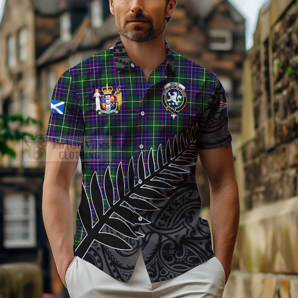 Tartan Vibes Clothing Inglis Crest Tartan Short Sleeve Button Shirt with New Zealand Silver Fern Half Style
