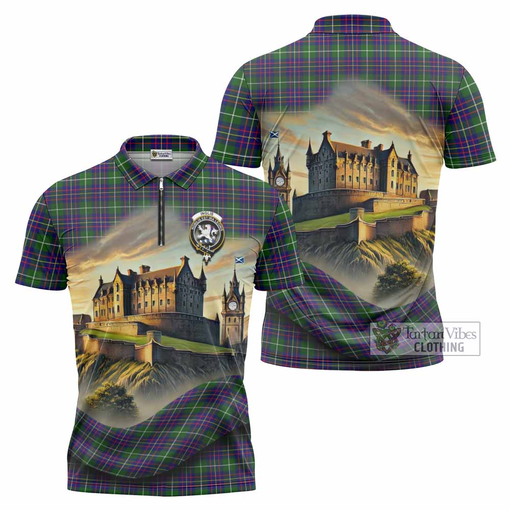 Inglis Tartan Family Crest Zipper Polo Shirt with Scottish Ancient Castle Style - Tartan Vibes Clothing