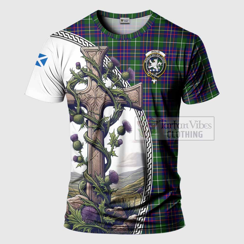 Tartan Vibes Clothing Inglis Agnew Tartan T-Shirt with Family Crest and St. Andrew's Cross Accented by Thistle Vines