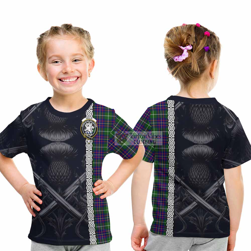 Inglis Tartan Kid T-Shirt with Family Crest Cross Sword Thistle Celtic Vibes - Tartan Vibes Clothing