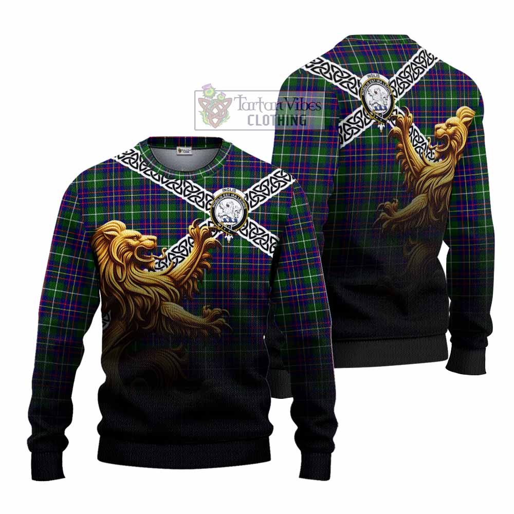 Inglis Crest Tartan Knitted Sweater with Golden Lion Emblem Celtic Style - Tartan Vibes Clothing