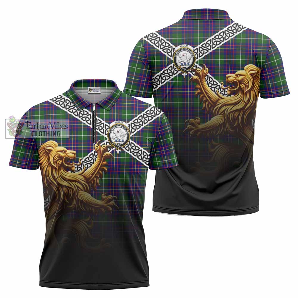 Inglis Crest Tartan Zipper Polo Shirt with Golden Lion Emblem Celtic Style - Tartan Vibes Clothing