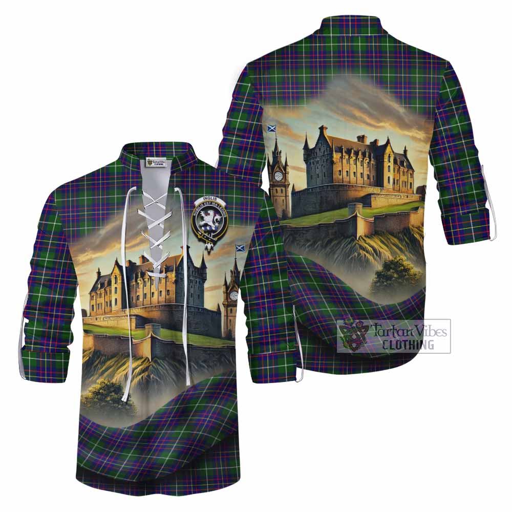Inglis Tartan Family Crest Ghillie Kilt Shirt with Scottish Ancient Castle Style - Tartan Vibes Clothing