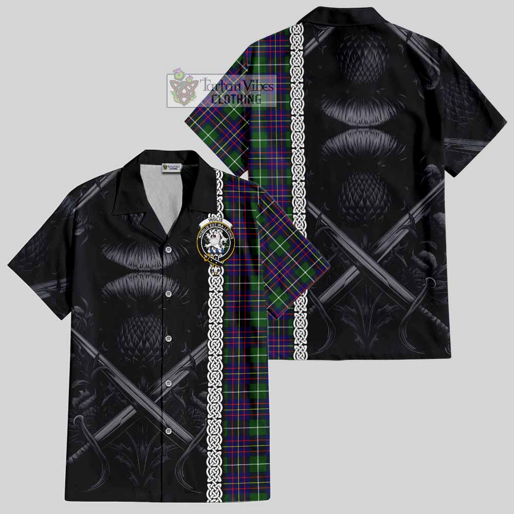 Inglis Tartan Hawaiian Shirt with Family Crest Cross Sword Thistle Celtic Vibes - Tartan Vibes Clothing