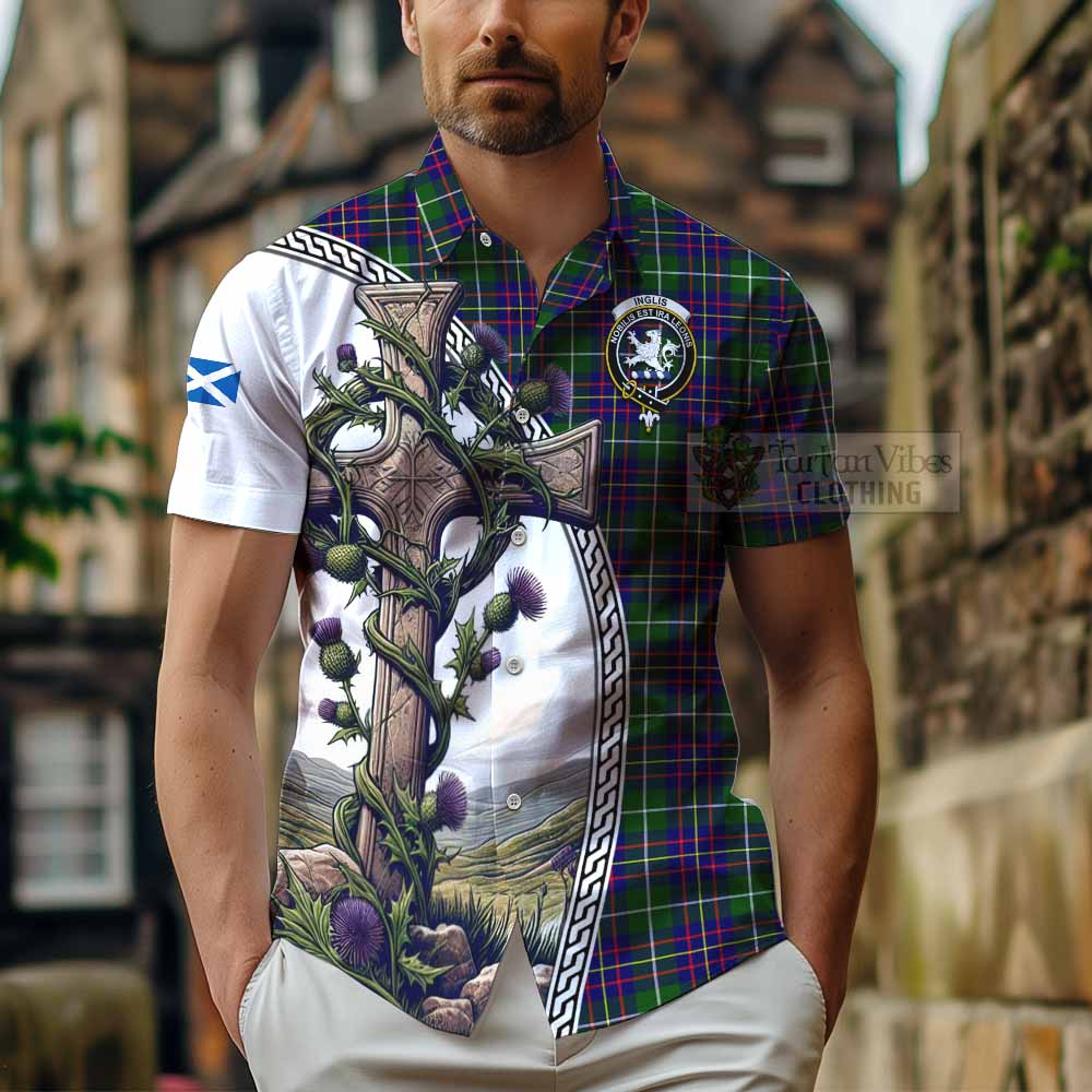Inglis Tartan Hawaiian Shirt with Family Crest and St. Andrew's Cross Accented by Thistle Vines - Tartan Vibes Clothing