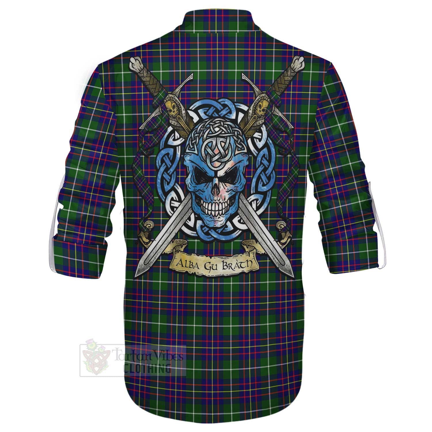 Inglis Tartan Ghillie Kilt Shirt with Family Crest Celtic Skull Style - Tartan Vibes Clothing