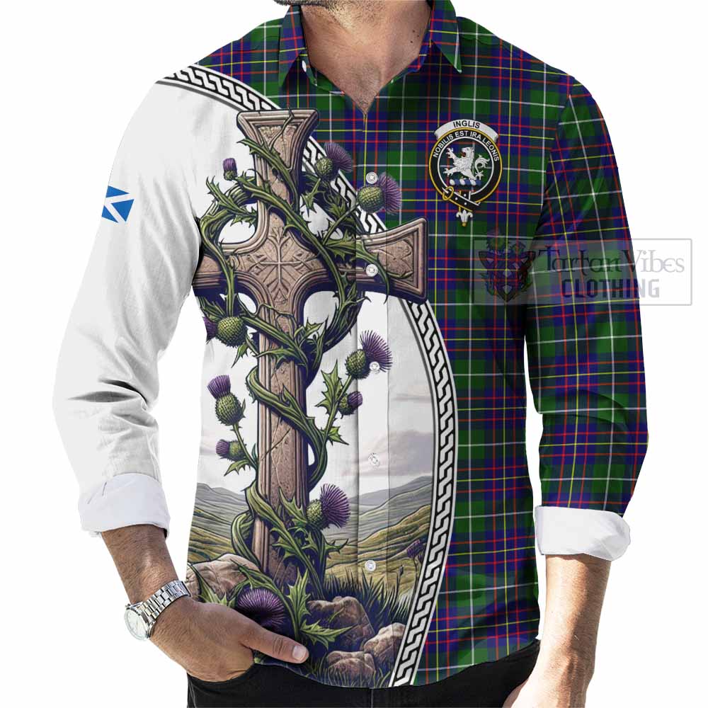 Inglis Tartan Long Sleeve Button Shirt with Family Crest and St. Andrew's Cross Accented by Thistle Vines - Tartan Vibes Clothing