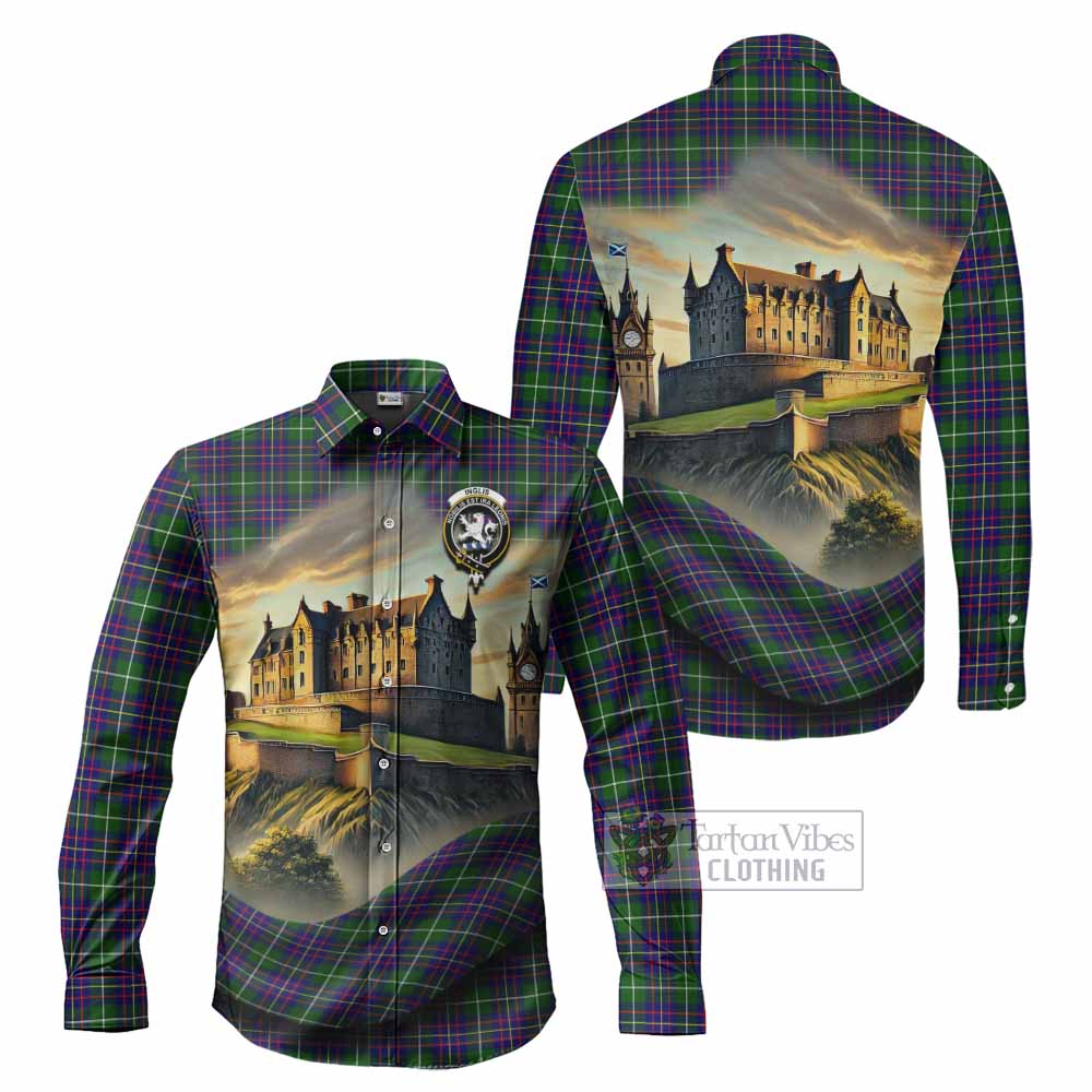 Tartan Vibes Clothing Inglis Tartan Family Crest Long Sleeve Button Shirt with Scottish Ancient Castle Style