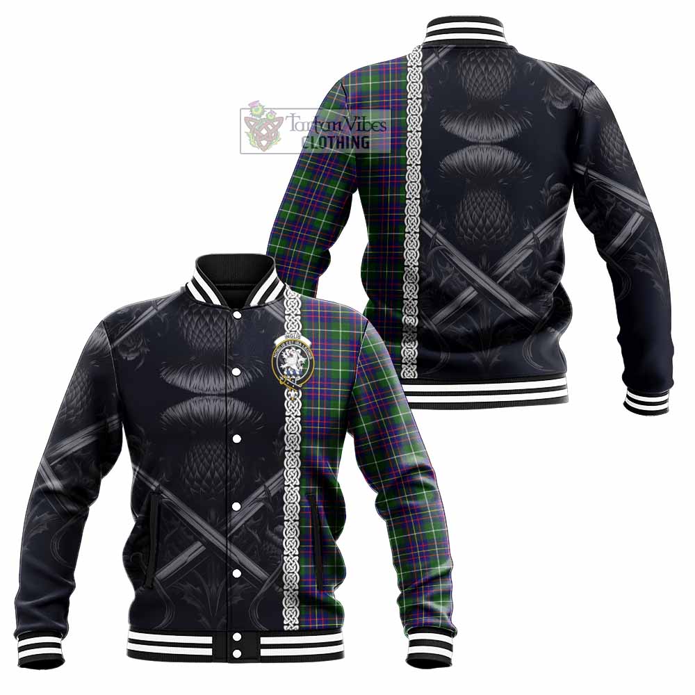 Inglis Tartan Baseball Jacket with Family Crest Cross Sword Thistle Celtic Vibes - Tartan Vibes Clothing