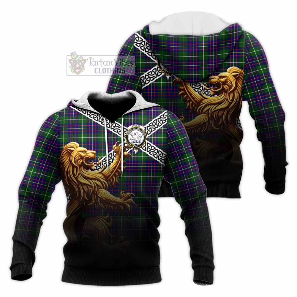 Inglis Crest Tartan Knitted Hoodie with Golden Lion Emblem Celtic Style - Tartan Vibes Clothing