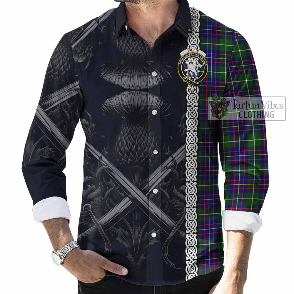 Tartan Vibes Clothing Inglis Tartan Long Sleeve Button Shirt with Family Crest Cross Sword Thistle Celtic Vibes
