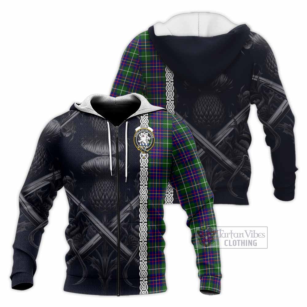 Inglis Tartan Knitted Hoodie with Family Crest Cross Sword Thistle Celtic Vibes Unisex Knitted Zip Hoodie - Tartan Vibes Clothing