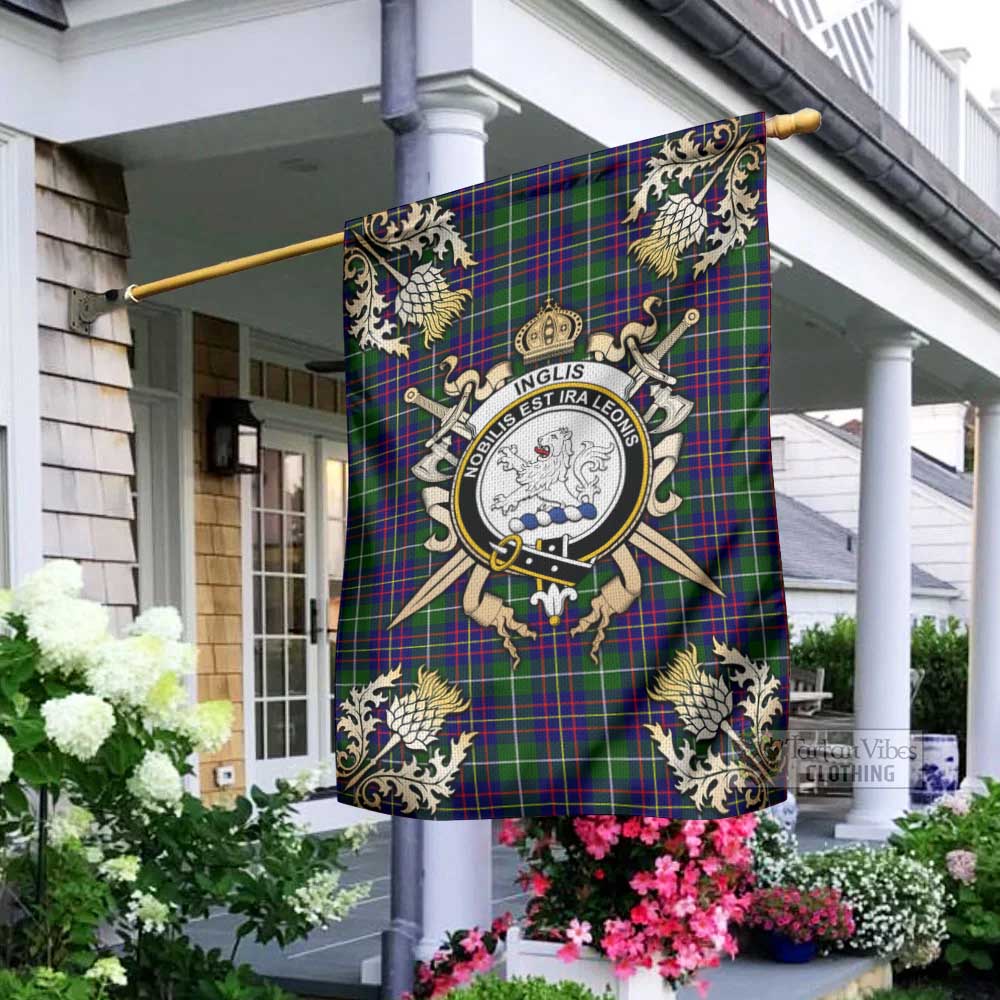 Inglis Tartan Garden Flag with Family Crest and Golden Thistle Crossed Sword Design - Tartan Vibes Clothing