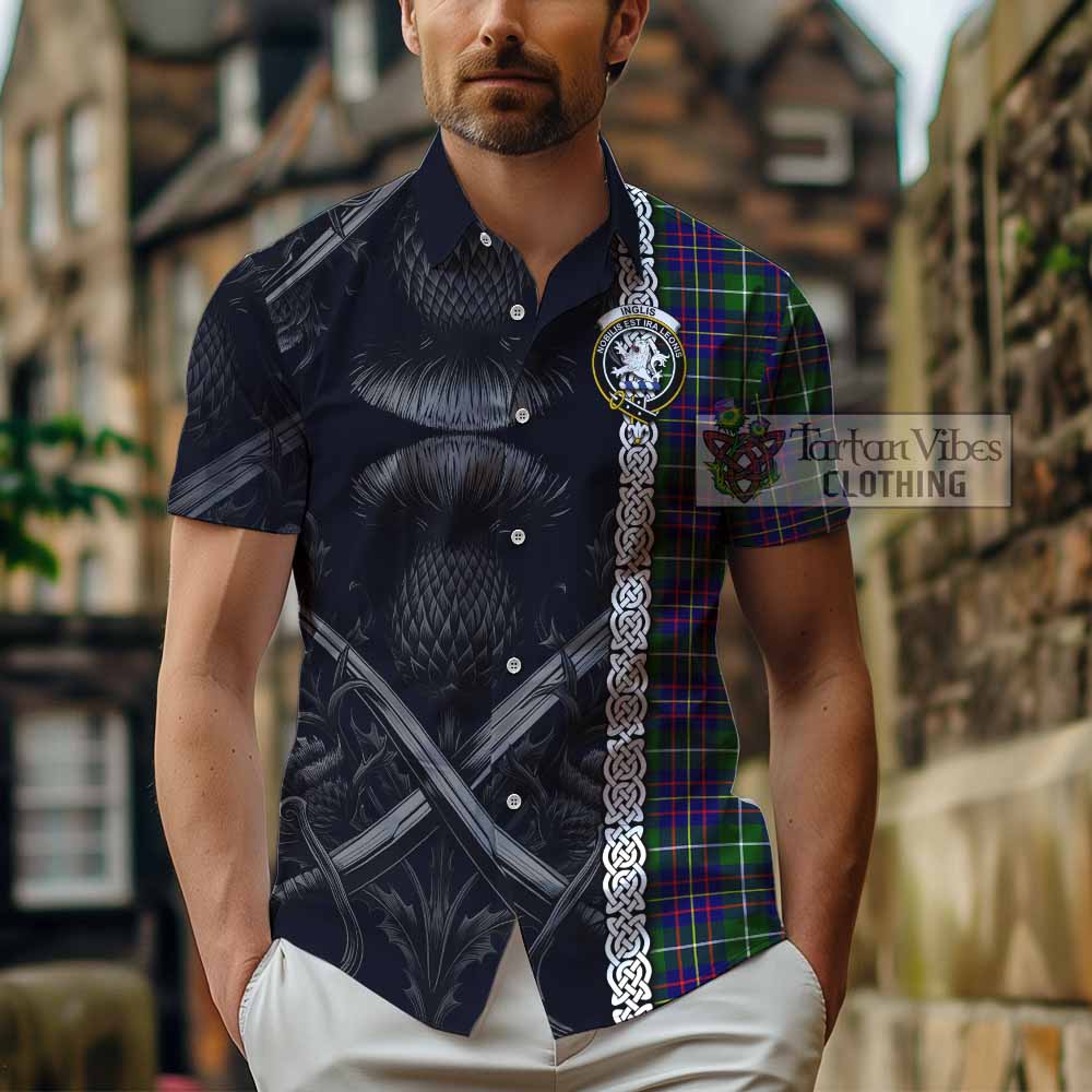 Inglis Tartan Hawaiian Shirt with Family Crest Cross Sword Thistle Celtic Vibes - Tartan Vibes Clothing
