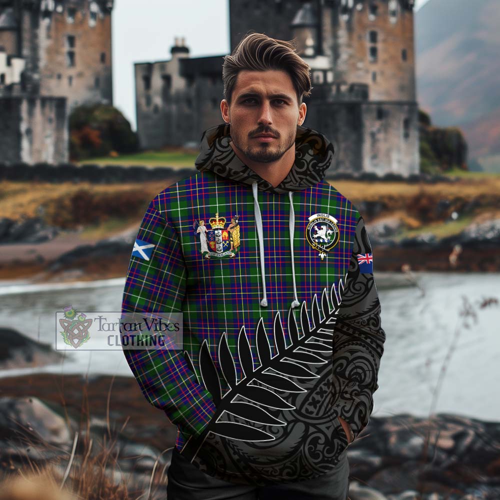 Tartan Vibes Clothing Inglis Crest Tartan Cotton Hoodie with New Zealand Silver Fern Half Style