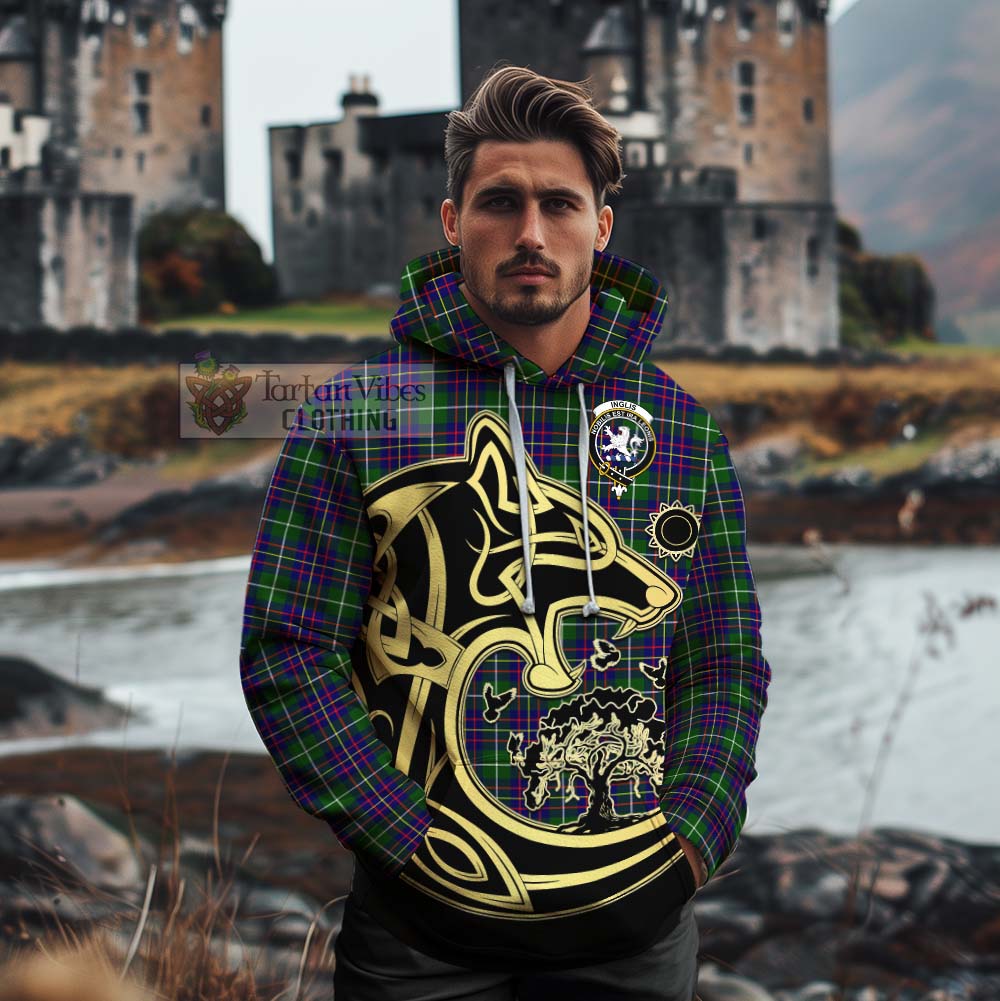 Inglis Tartan Cotton Hoodie with Family Crest Celtic Wolf Style - Tartan Vibes Clothing