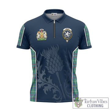 Inglis Ancient Tartan Zipper Polo Shirt with Family Crest and Scottish Thistle Vibes Sport Style