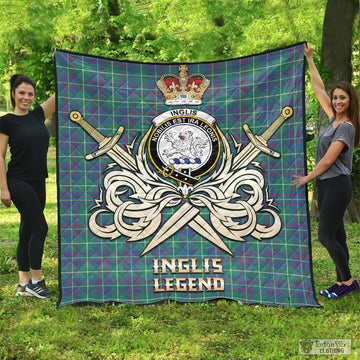 Inglis Ancient Tartan Quilt with Clan Crest and the Golden Sword of Courageous Legacy