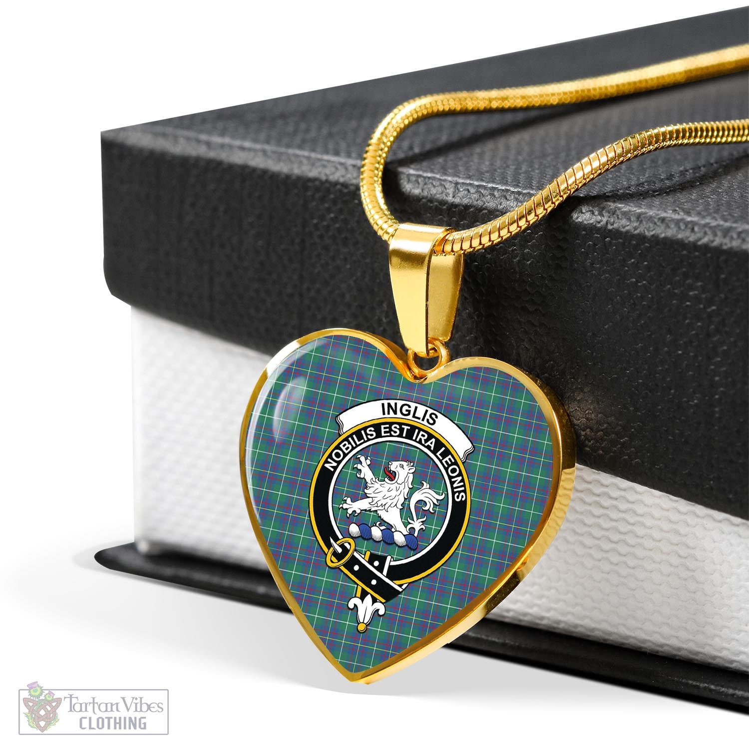 Tartan Vibes Clothing Inglis Ancient Tartan Heart Necklace with Family Crest