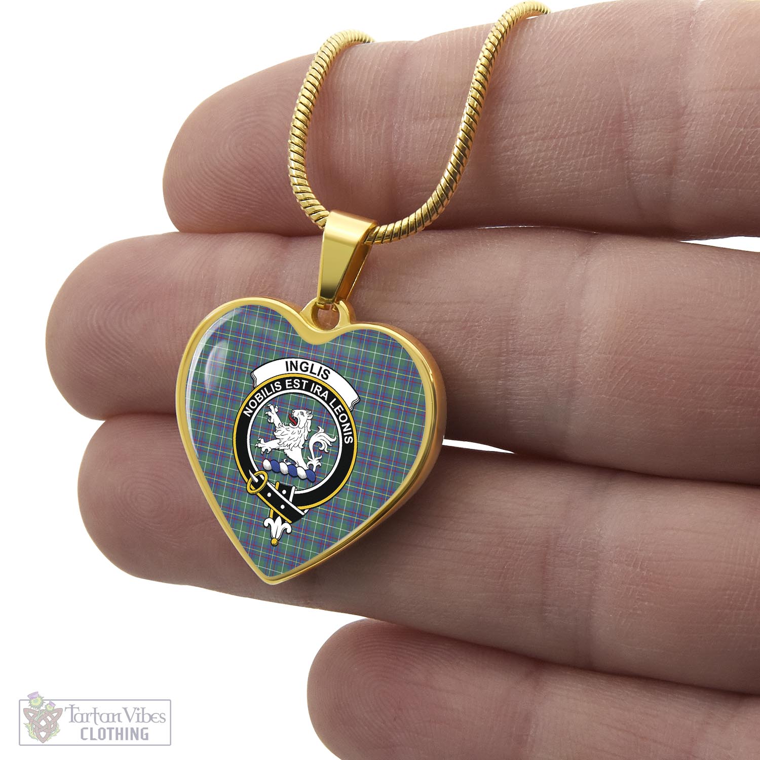 Tartan Vibes Clothing Inglis Ancient Tartan Heart Necklace with Family Crest