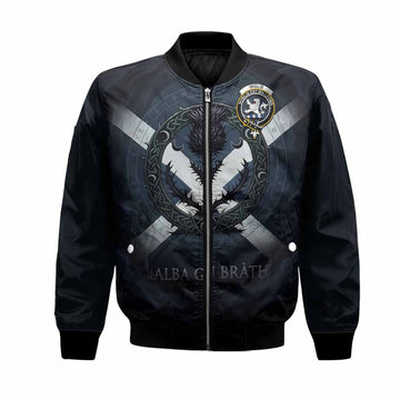 Inglis Clan Crest Bomber Jacket with Celtic Knot Thistle and Saltire