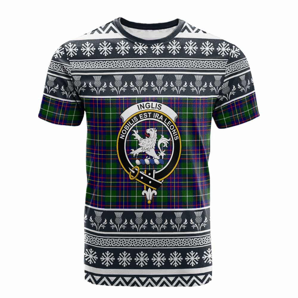 Inglis Clan Tartan Christmas Cotton T-shirt with Family Crest - Tartan Vibes Clothing