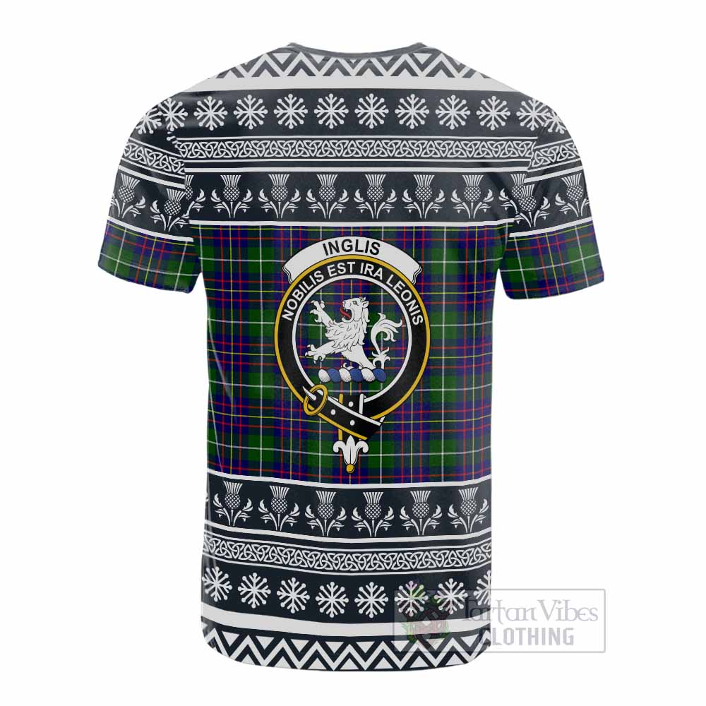 Inglis Clan Tartan Christmas Cotton T-shirt with Family Crest - Tartan Vibes Clothing