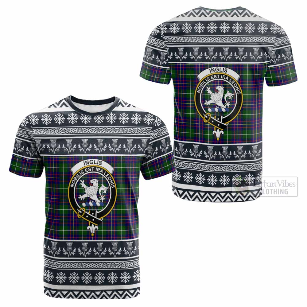 Inglis Clan Tartan Christmas Cotton T-shirt with Family Crest - Tartan Vibes Clothing